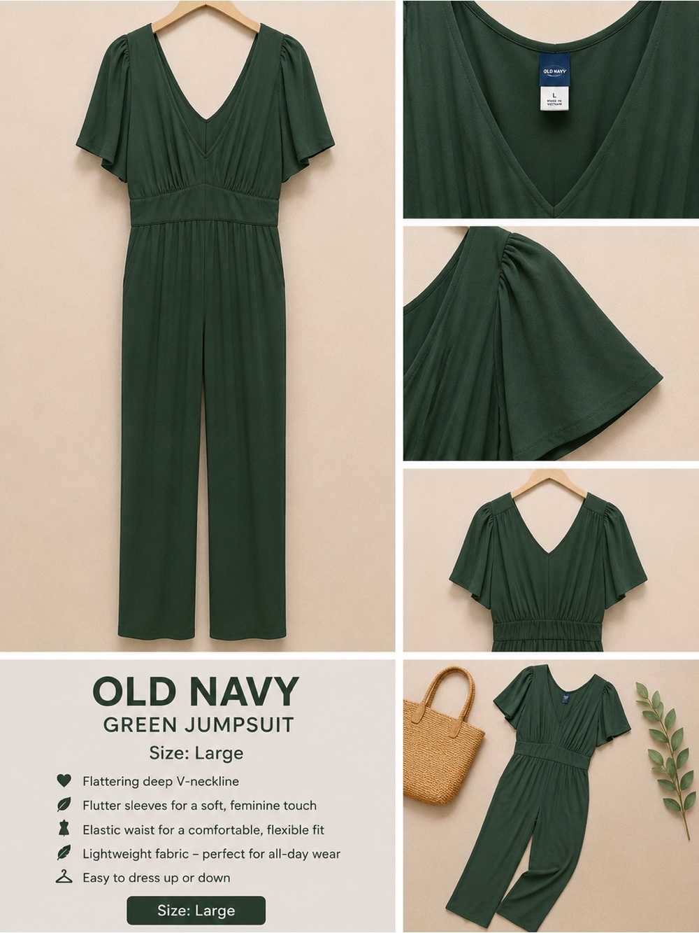 Old Navy Forest Green V-Neck Flutter Sleeve Jumpsuit